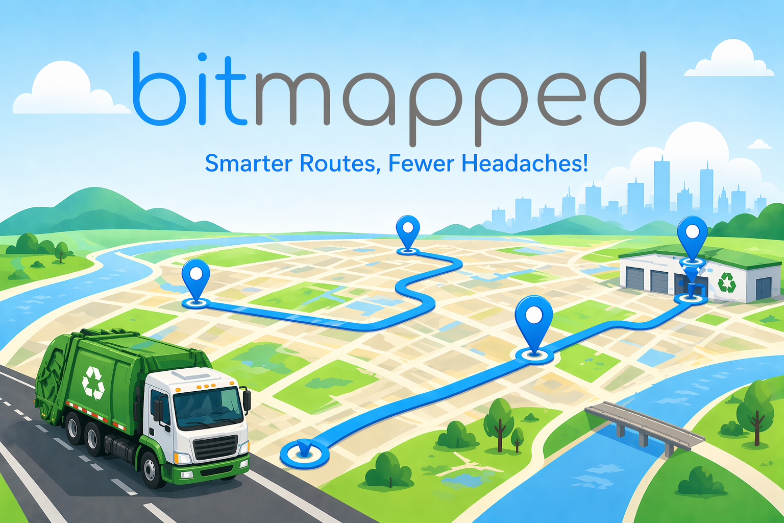 bitmapped splash screen showing a garbage truck following an AI-optimized collection route across a city map